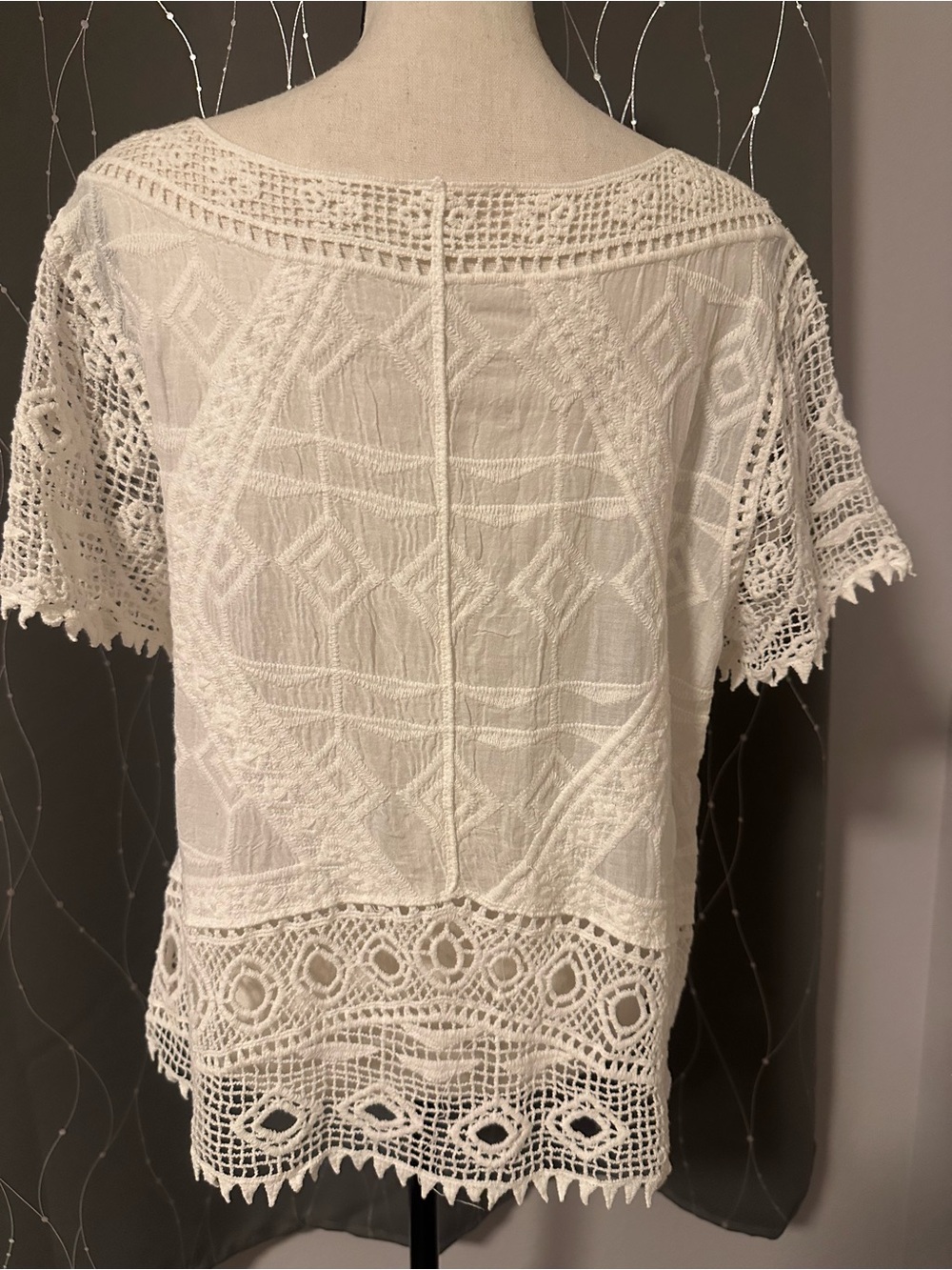 Women's White Crochet Lace Blouse - Short Sleeve - Picture 2 of 3